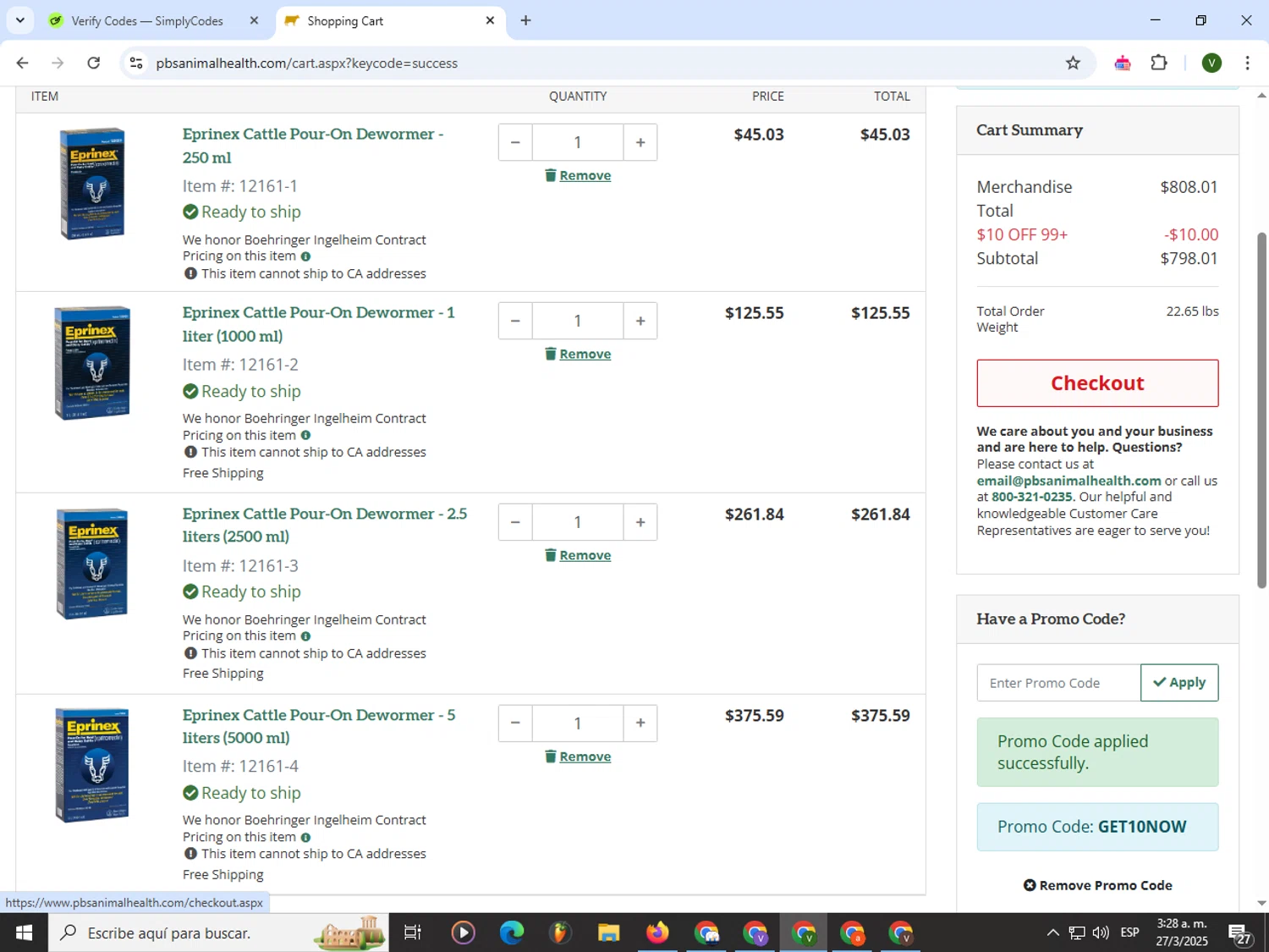 PBS Animal Health promo code screenshot showing code GET10NOW applied at PBS Animal Health checkout page. Uploaded by SimplyCodes community member PrimeWizard4168 on Mar 27, 2025
