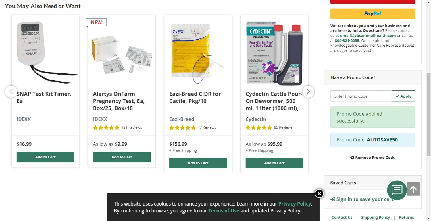 PBS Animal Health promo code screenshot showing code AUTOSAVE50 applied at PBS Animal Health checkout page. Uploaded by SimplyCodes community member BonusFox1297 on Oct 24, 2025
