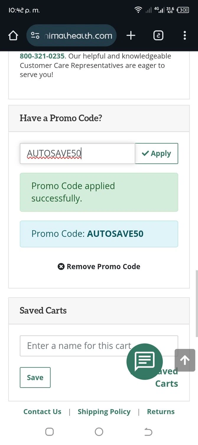 PBS Animal Health promo code screenshot showing code AUTOSAVE50 applied at PBS Animal Health checkout page. Uploaded by SimplyCodes community member CleverWhiz2265 on Jun 26, 2025