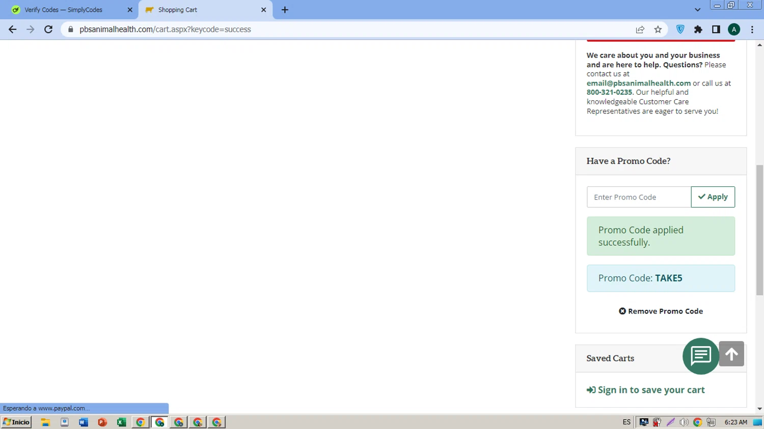 PBS Animal Health promo code screenshot showing code TAKE5 applied at PBS Animal Health checkout page. Uploaded by SimplyCodes community member FrugalMaverick6013 on Mar 22, 2025