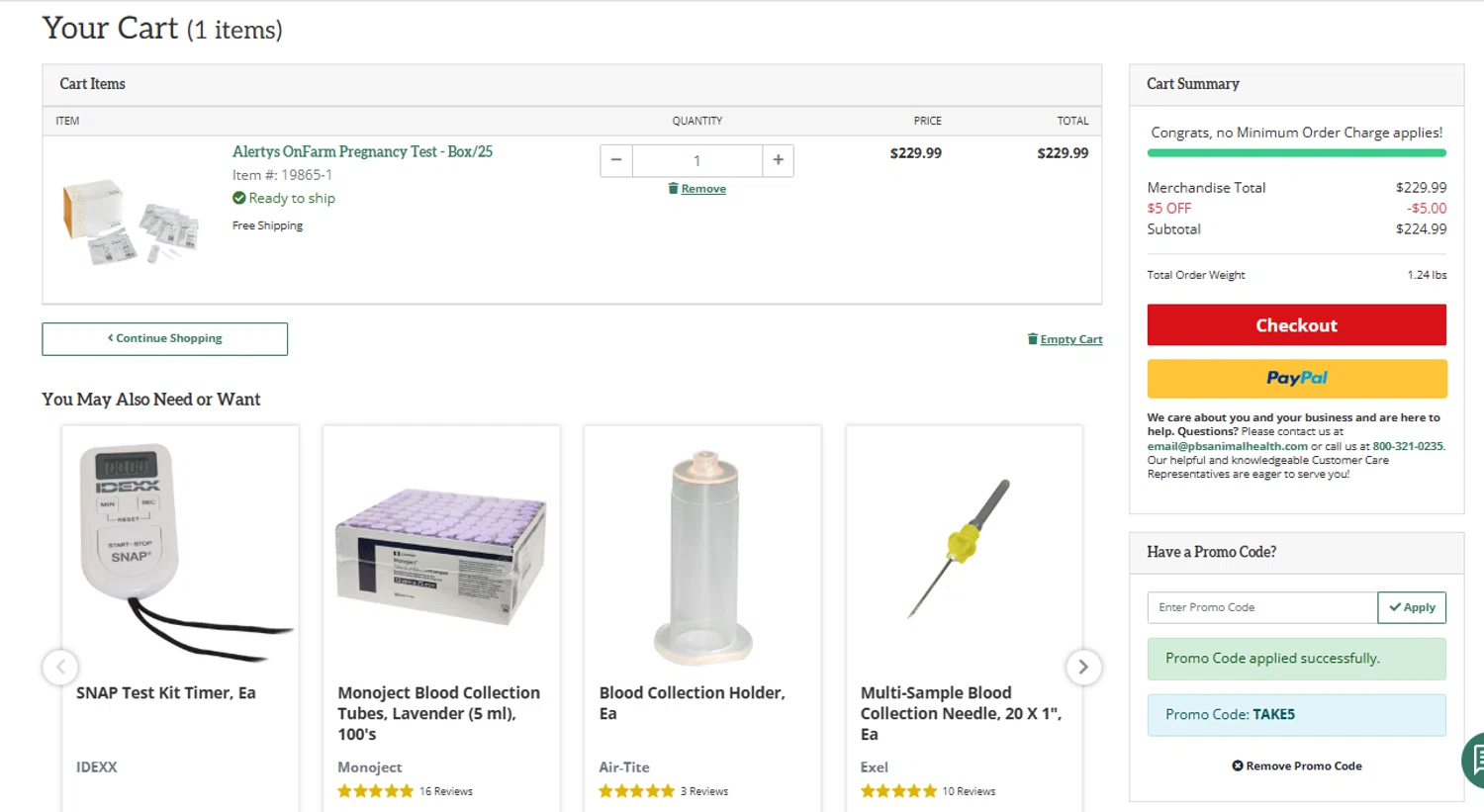 PBS Animal Health promo code screenshot showing code TAKE5 applied at PBS Animal Health checkout page. Uploaded by SimplyCodes community member yeresojperez on Oct 23, 2025
