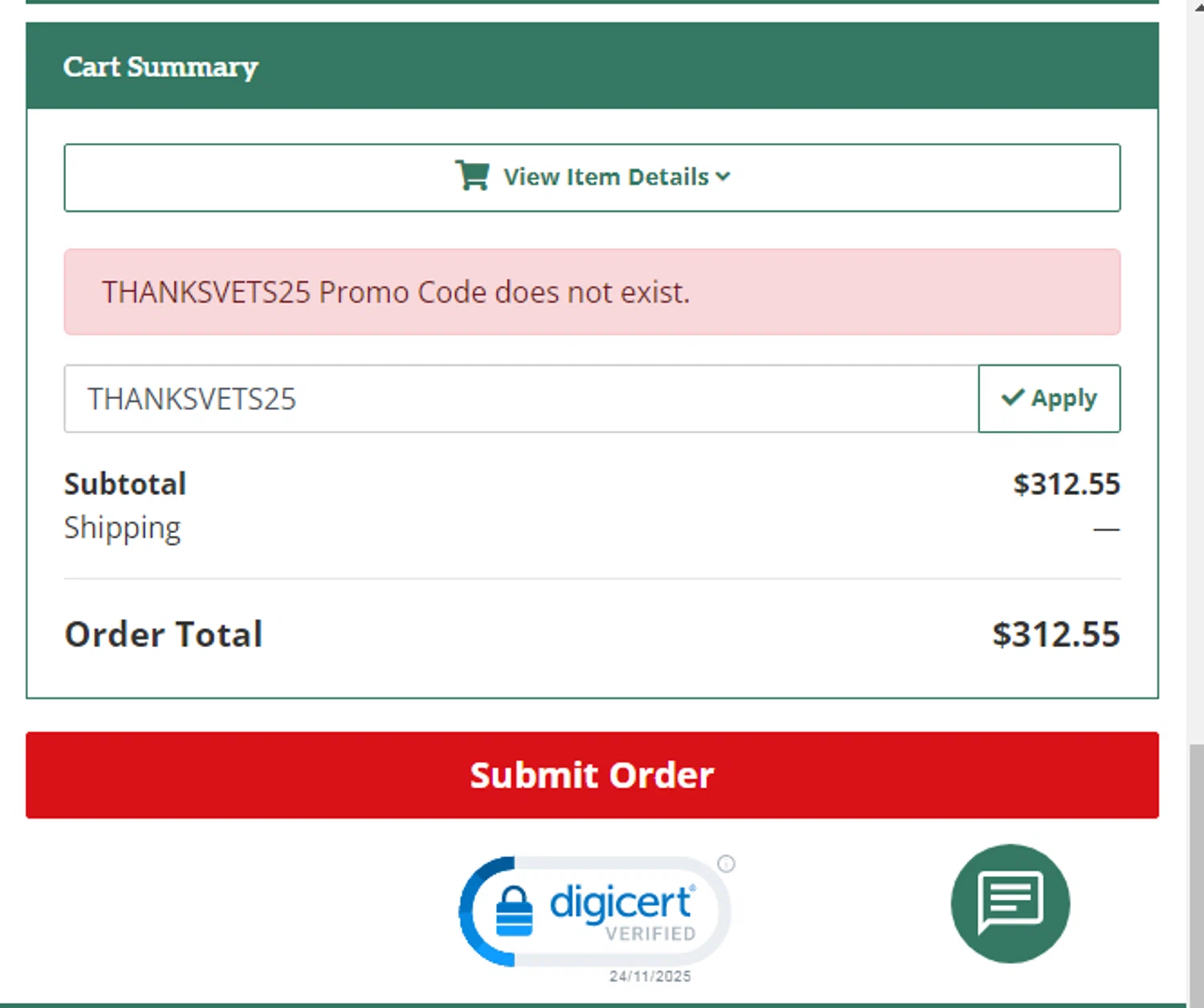 PBS Animal Health promo code screenshot showing code THANKSVETS25 applied at PBS Animal Health checkout page. Uploaded by SimplyCodes community member menotychire on Nov 24, 2025