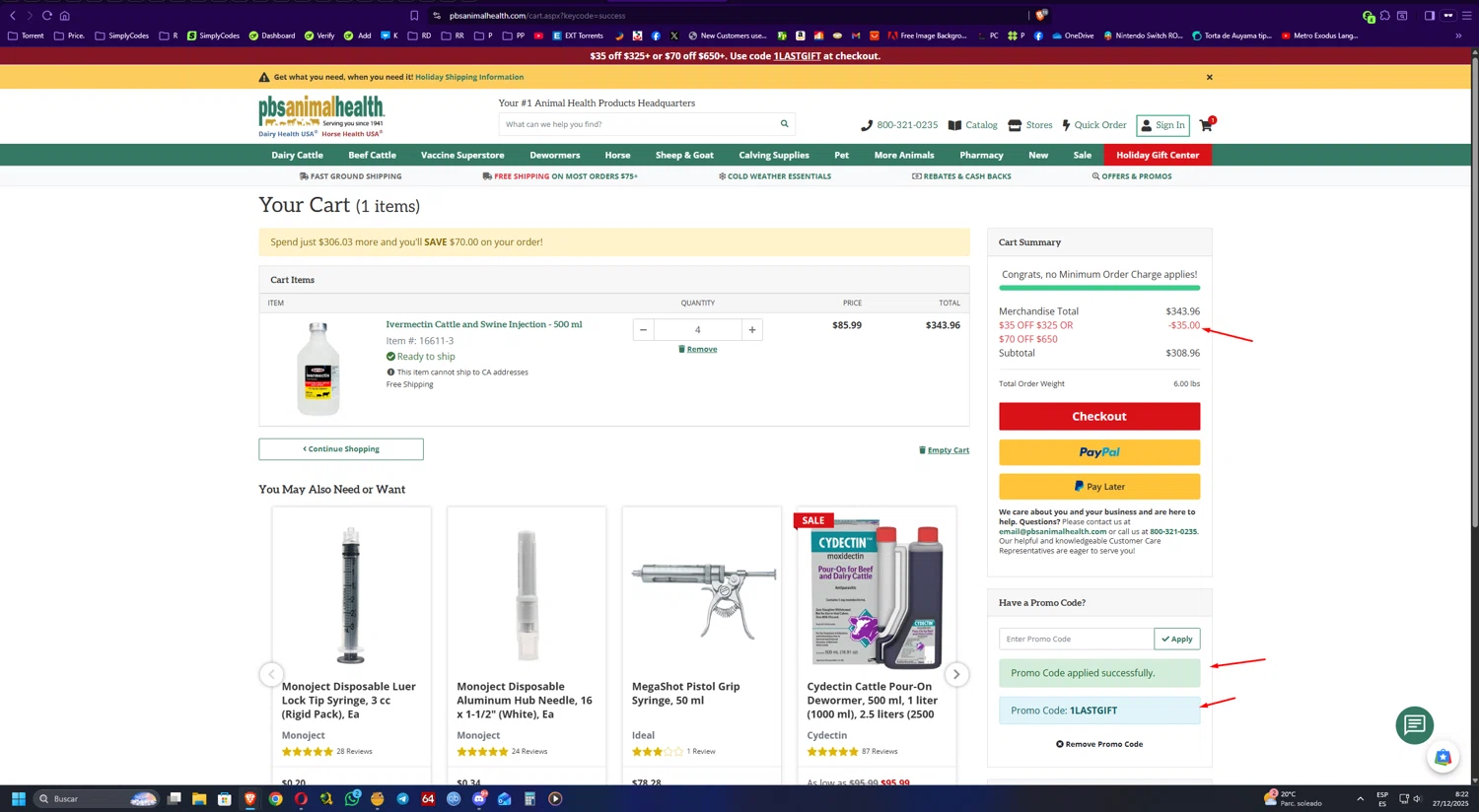 PBS Animal Health promo code screenshot showing code 1LASTGIFT applied at PBS Animal Health checkout page. Uploaded by SimplyCodes community member UnkNownVnzla on Dec 27, 2025