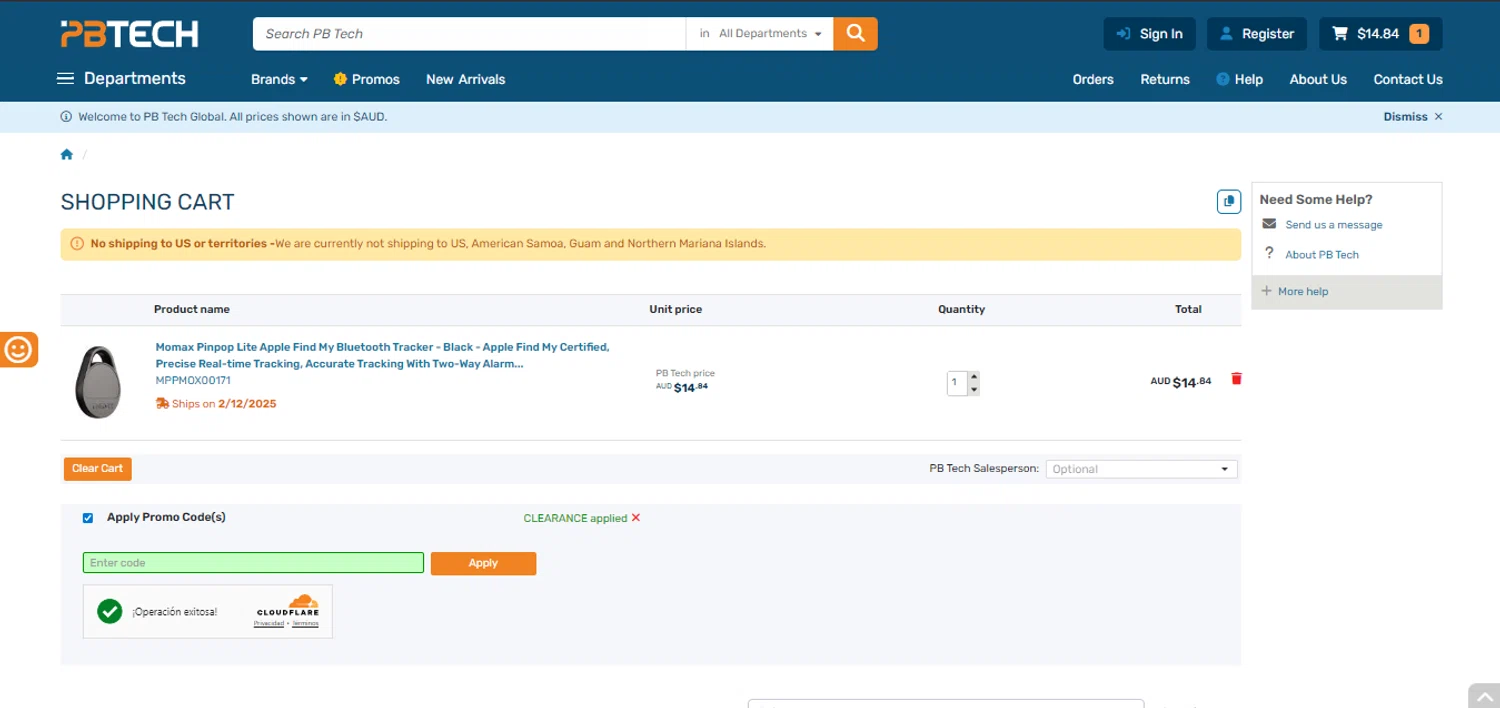 PB Tech promo code screenshot showing code CLEARANCE applied at PB Tech checkout page. Uploaded by SimplyCodes community member Ronita_832988044 on Nov 25, 2025