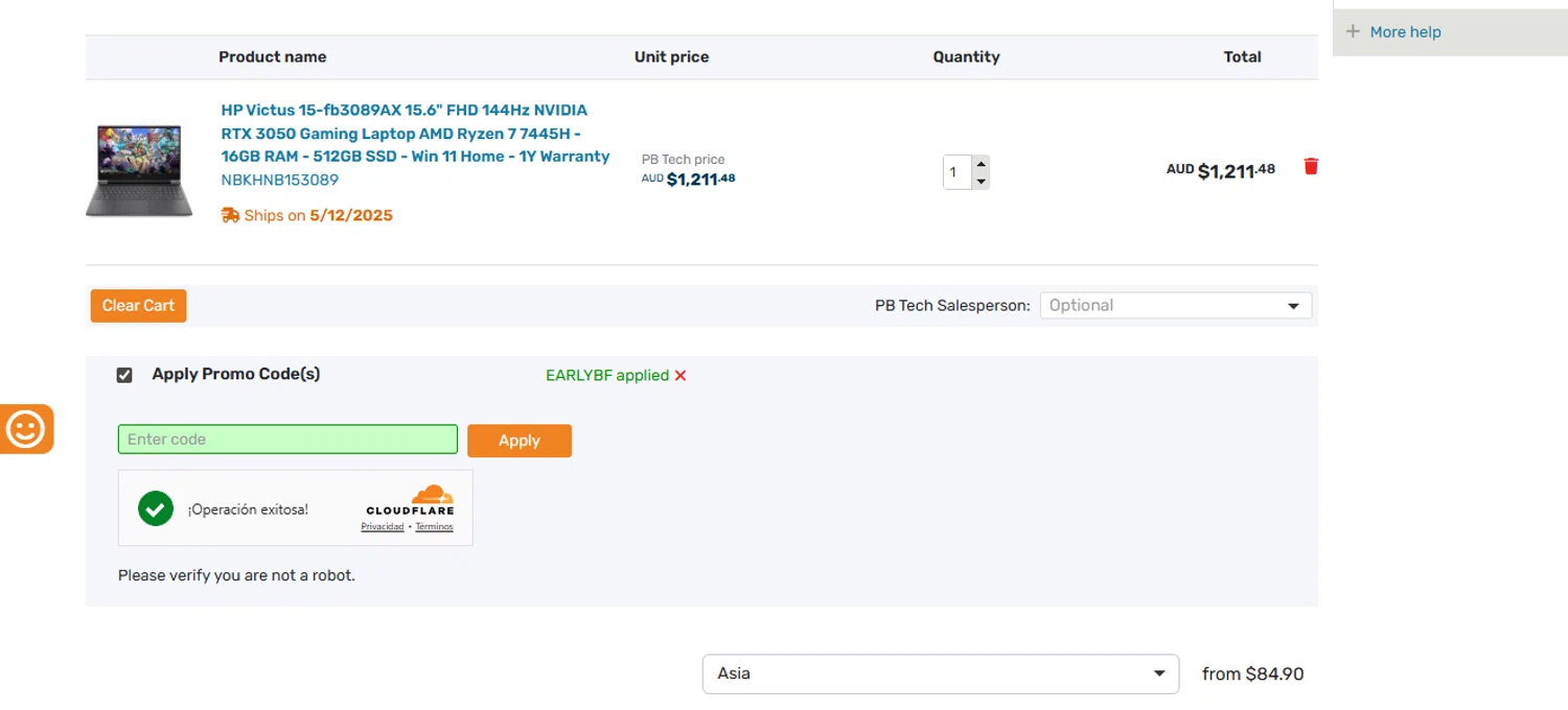 PB Tech promo code screenshot showing code EARLYBF applied at PB Tech checkout page. Uploaded by SimplyCodes community member ashe1986 on Nov 28, 2025