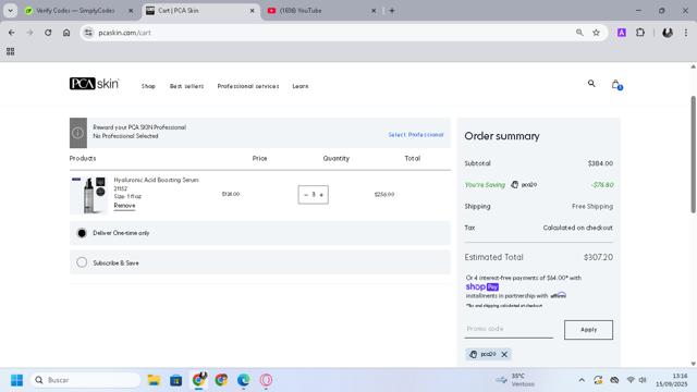 PCA Skin checkout page showing PCA Skin promo code box | Screenshot taken by SimplyCodes community member on Sep 15, 2025
