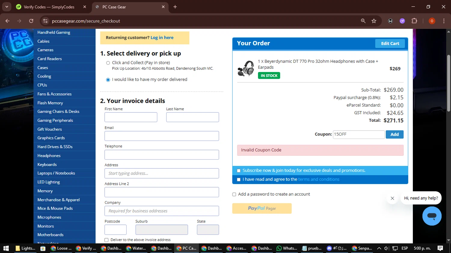 PC Case Gear discount code screenshot showing code 15OFF applied at PC Case Gear checkout page. Uploaded by SimplyCodes community member CleverSpotter3730 on Sep 17, 2025