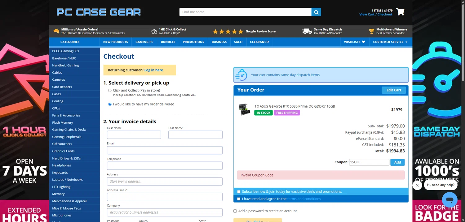 PC Case Gear discount code screenshot showing code 15OFF applied at PC Case Gear checkout page. Uploaded by SimplyCodes community member TokenNavigator3088 on Sep 17, 2025
