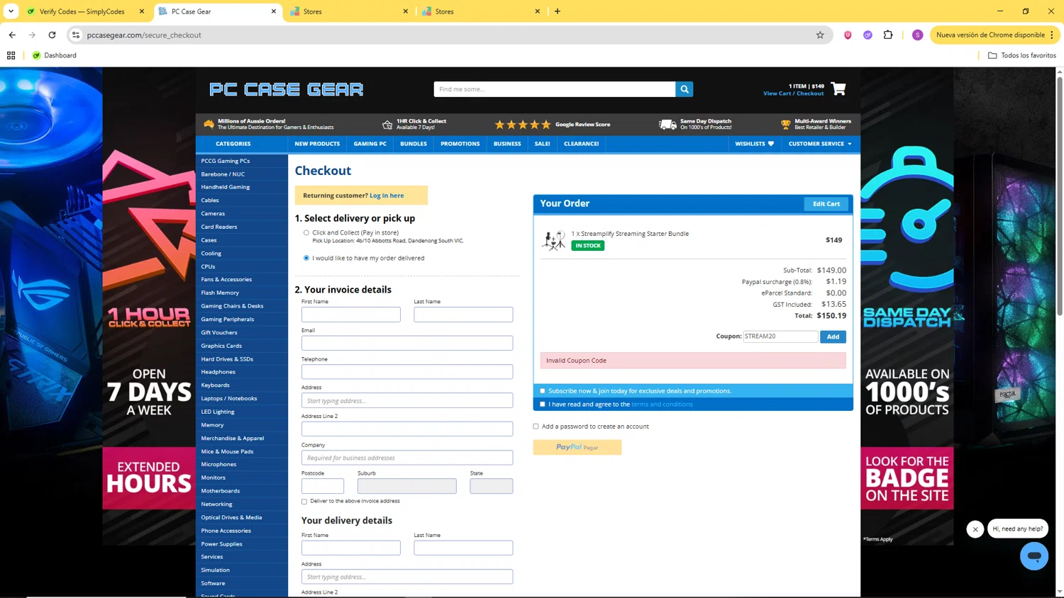 PC Case Gear discount code screenshot showing code STREAM20 applied at PC Case Gear checkout page. Uploaded by SimplyCodes community member CoinChaser799 on Oct 14, 2025