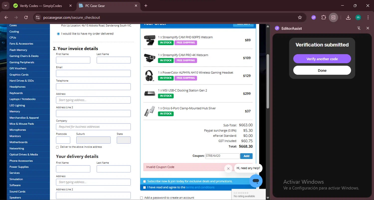 PC Case Gear discount code screenshot showing code STREAM20 applied at PC Case Gear checkout page. Uploaded by SimplyCodes community member CrownSpotter4262 on Jul 25, 2025