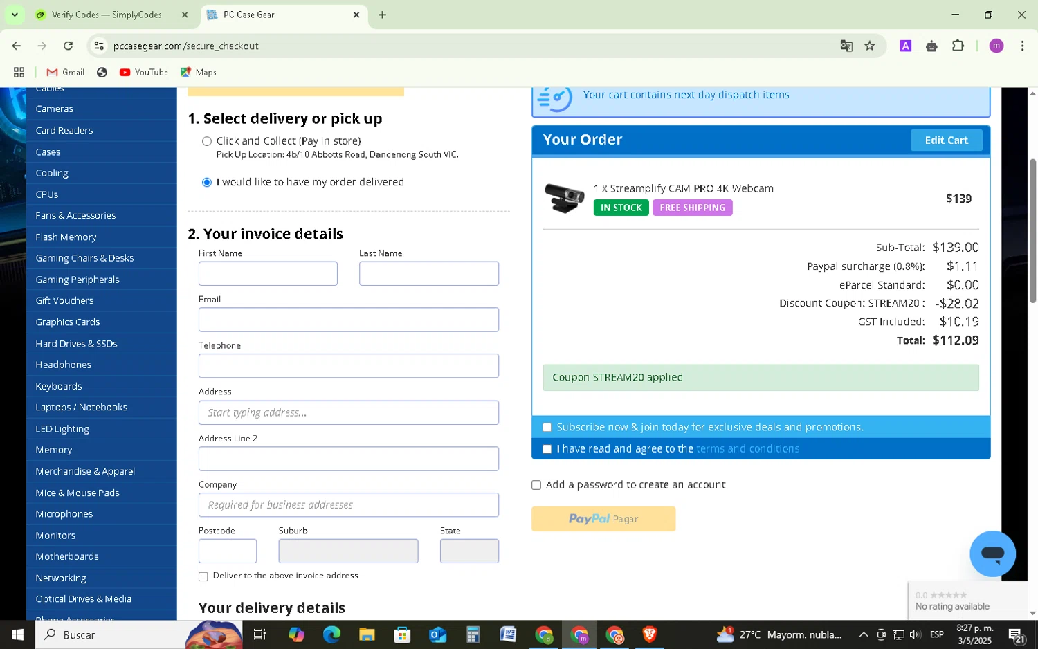 PC Case Gear checkout page showing PC Case Gear discount code box | Screenshot taken by SimplyCodes community member on May 4, 2025