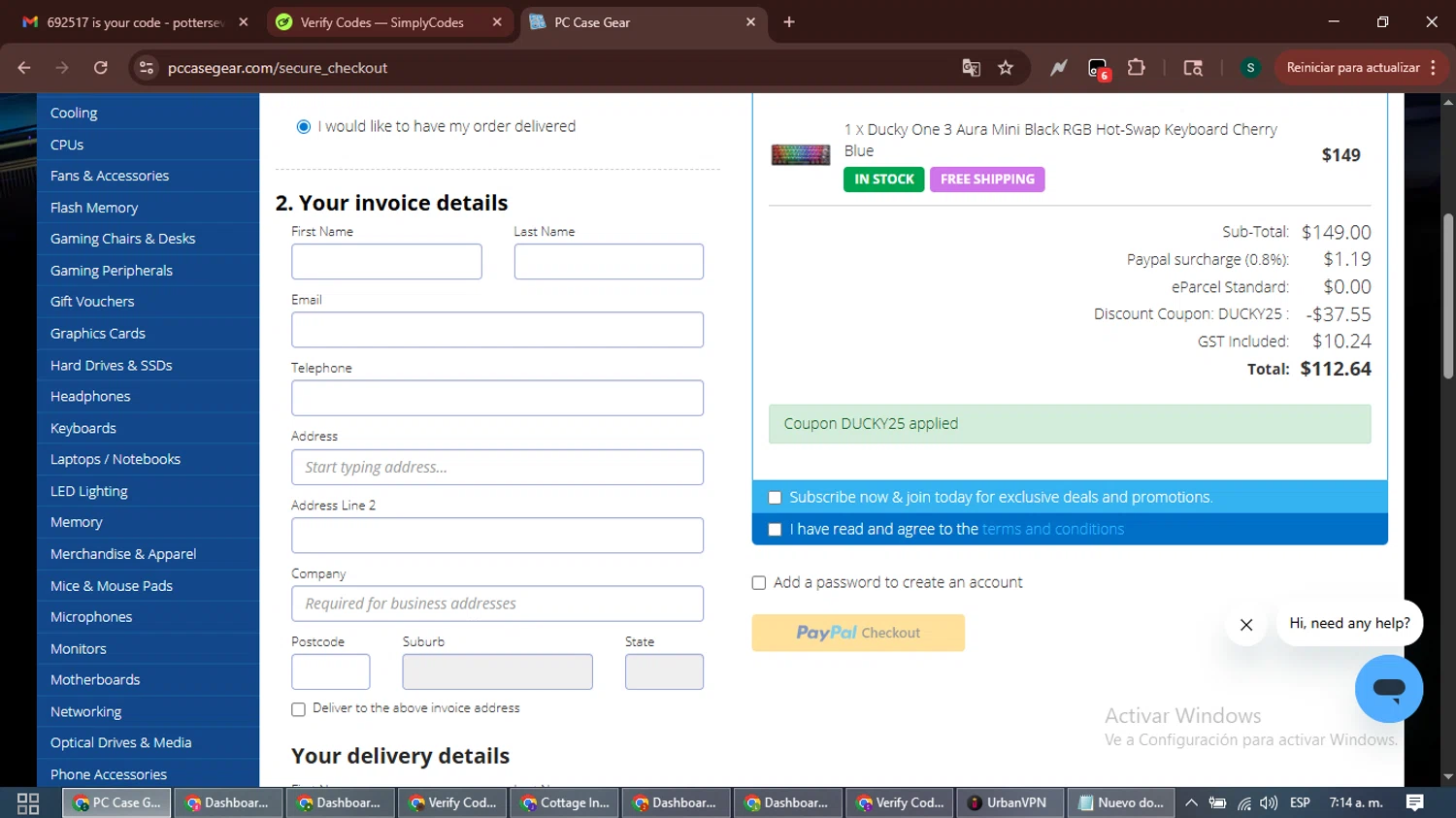 PC Case Gear discount code screenshot showing code DUCKY25 applied at PC Case Gear checkout page. Uploaded by SimplyCodes community member ShrewdAce7935 on Dec 18, 2025