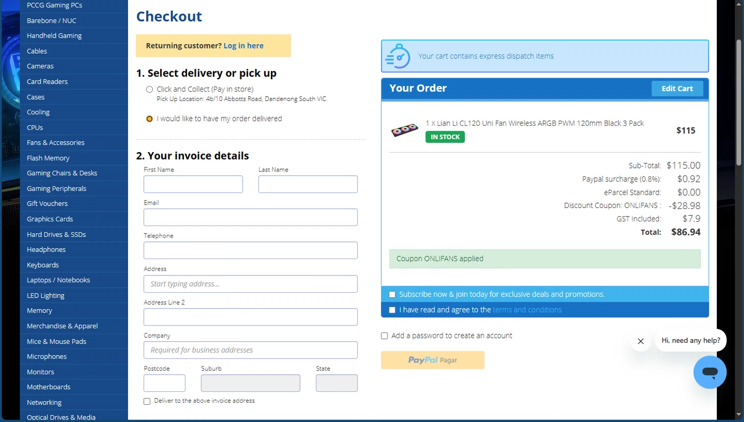 PC Case Gear discount code screenshot showing code ONLIFANS applied at PC Case Gear checkout page. Uploaded by SimplyCodes community member TokioMiller on Dec 24, 2025