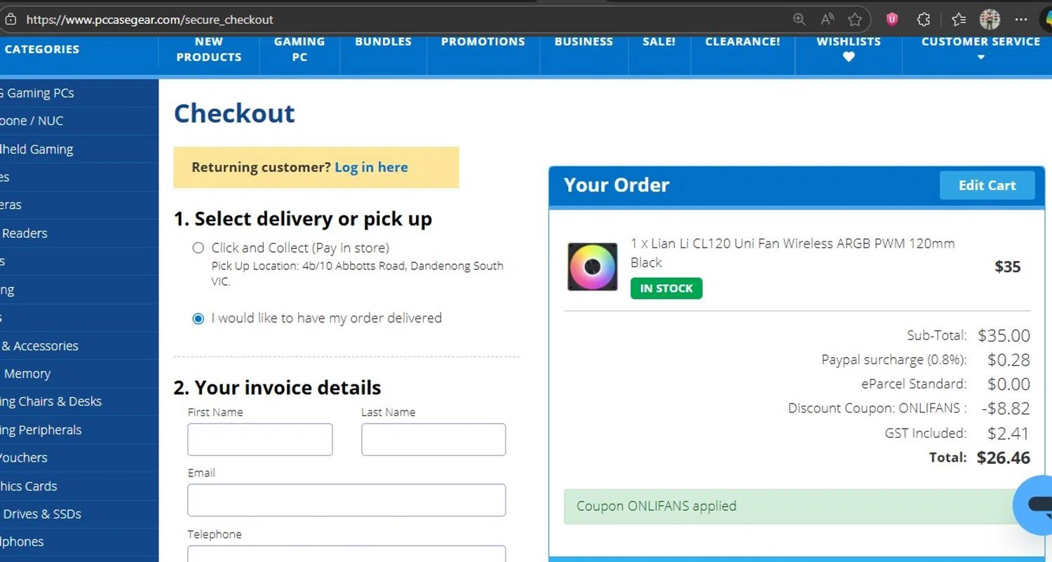 PC Case Gear discount code screenshot showing code ONLIFANS applied at PC Case Gear checkout page. Uploaded by SimplyCodes community member HonestVzla on Nov 22, 2025