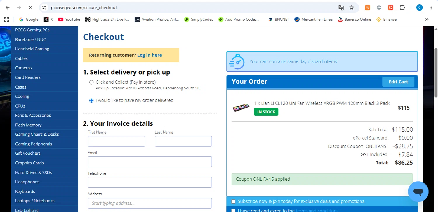 PC Case Gear promo code screenshot showing code ONLIFANS applied at PC Case Gear checkout page. Uploaded by SimplyCodes community member victor on Jun 22, 2026