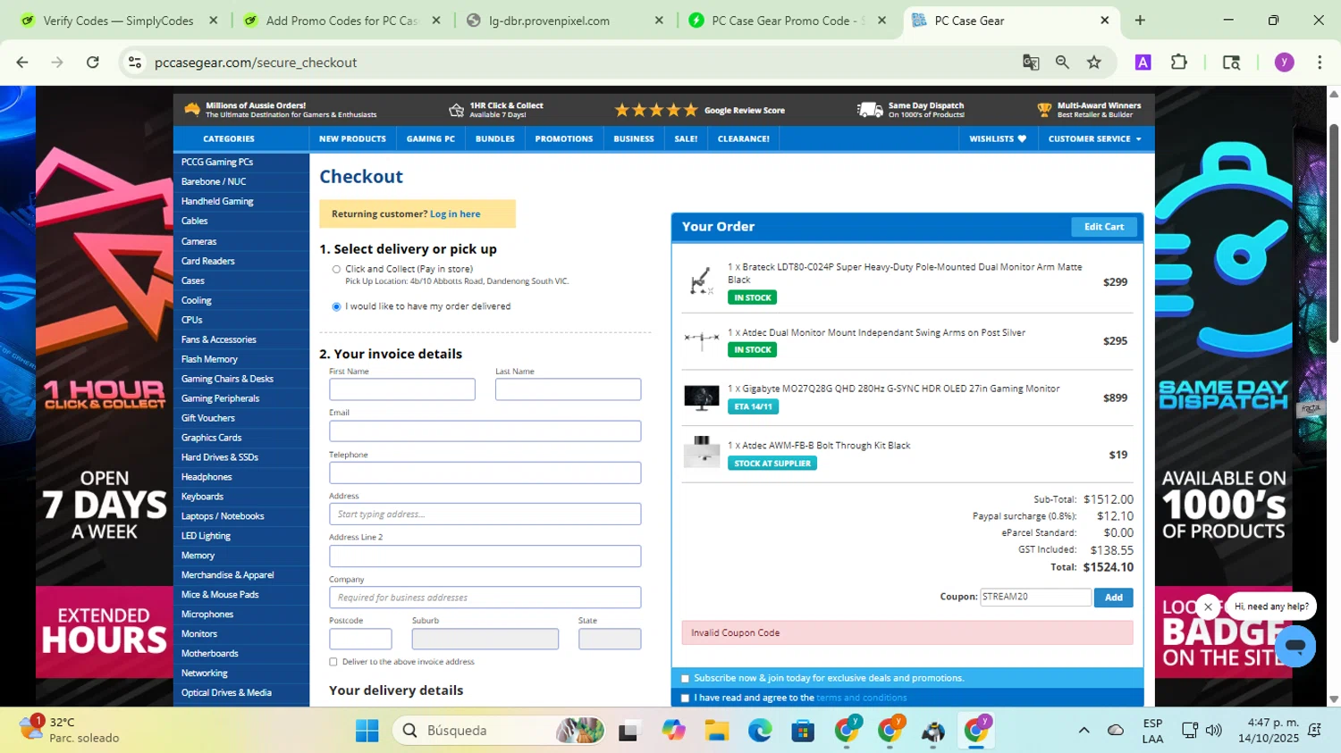 PC Case Gear discount code screenshot showing code STREAM20 applied at PC Case Gear checkout page. Uploaded by SimplyCodes community member yadicg054 on Oct 14, 2025