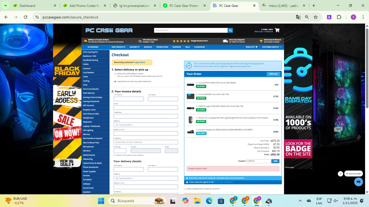 PC Case Gear discount code screenshot showing code ONED30 applied at PC Case Gear checkout page. Uploaded by SimplyCodes community member yadicg054 on Nov 1, 2025