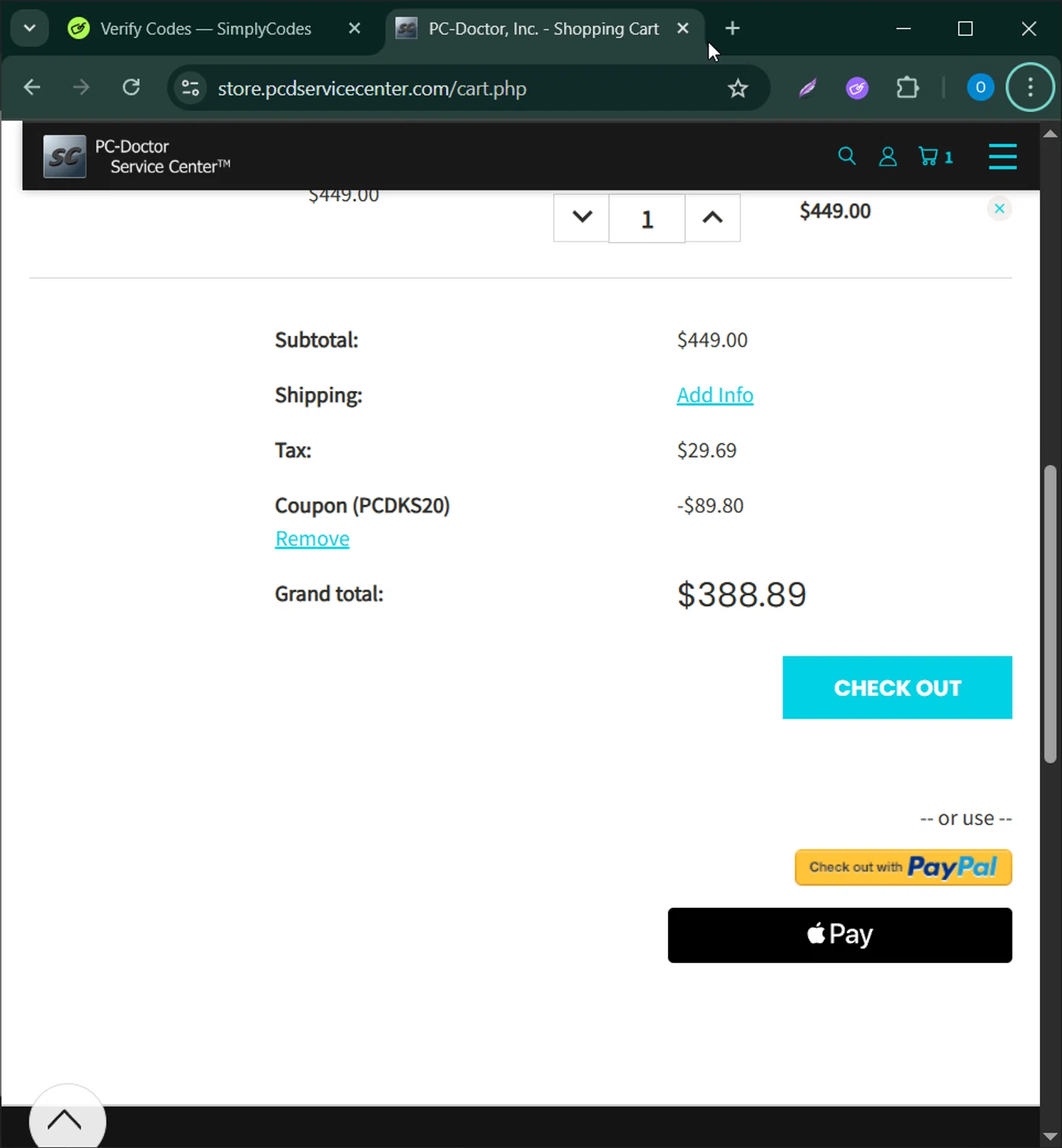 PC-Doctor Service Center Store promo code screenshot showing code PCDKS20 applied at PC-Doctor Service Center Store checkout page. Uploaded by SimplyCodes community member CodeScholar4340 on May 26, 2025