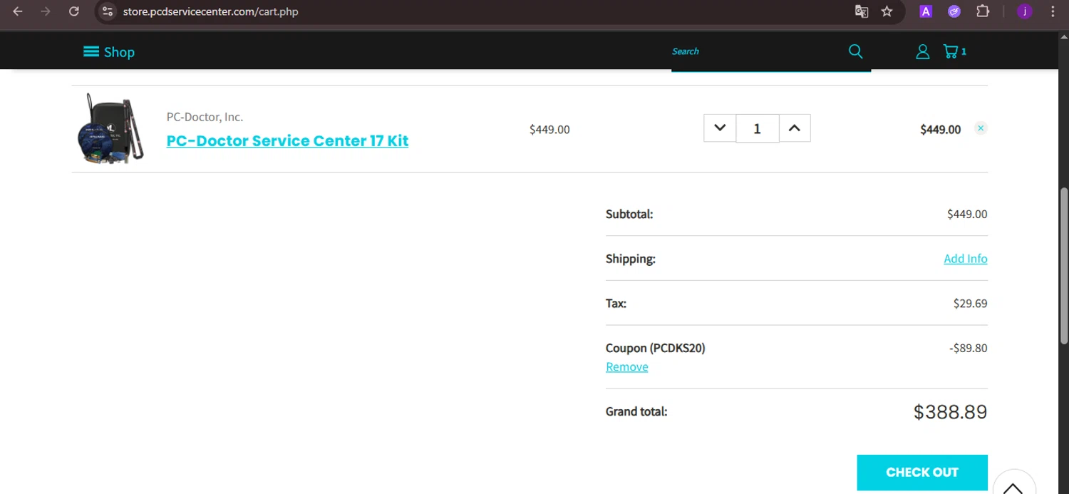 PC-Doctor Service Center Store promo code screenshot showing code PCDKS20 applied at PC-Doctor Service Center Store checkout page. Uploaded by SimplyCodes community member CoinMaverick1452 on Jul 23, 2025