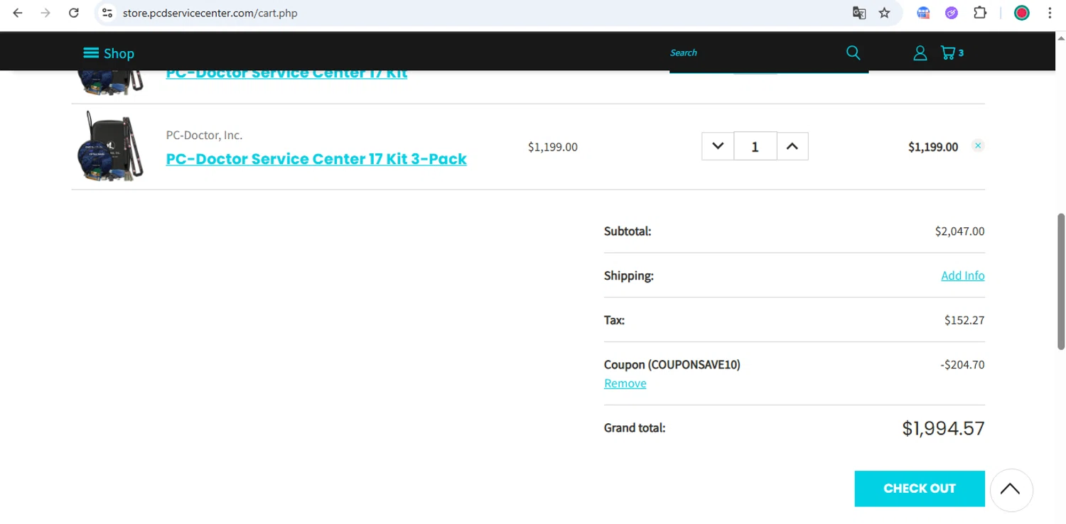 PC-Doctor Service Center Store promo code screenshot showing code COUPONSAVE10 applied at PC-Doctor Service Center Store checkout page. Uploaded by SimplyCodes community member AlexanderSierraP on Sep 13, 2025