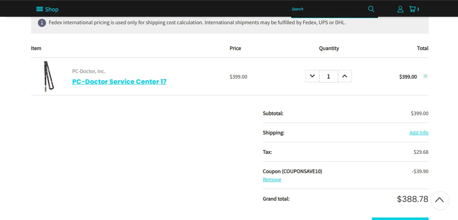 PC-Doctor Service Center Store promo code screenshot showing code COUPONSAVE10 applied at PC-Doctor Service Center Store checkout page. Uploaded by SimplyCodes community member xHRxUltrax on Oct 12, 2025