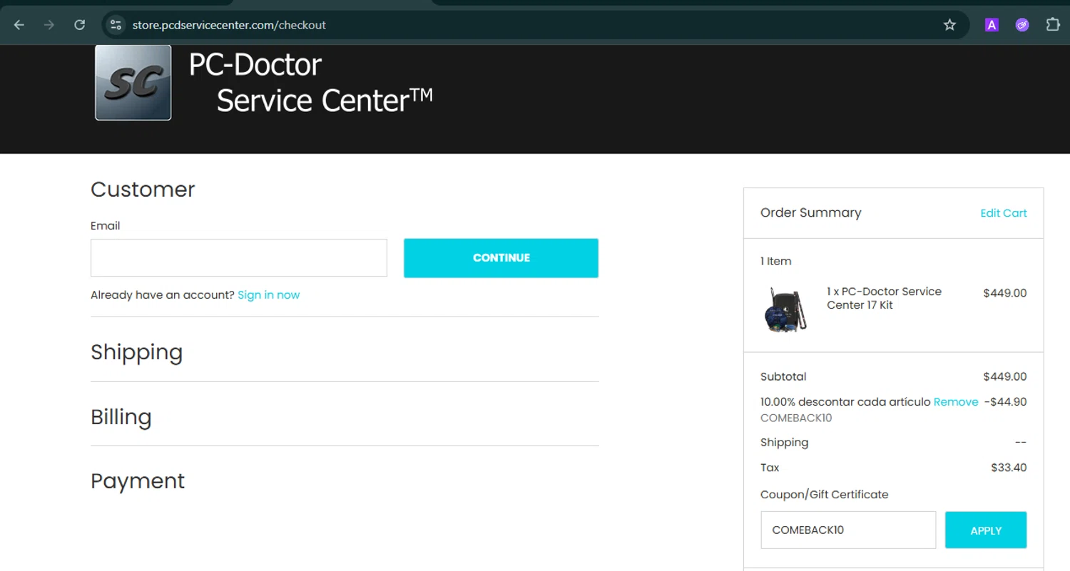 PC-Doctor Service Center Store promo code screenshot showing code COMEBACK10 applied at PC-Doctor Service Center Store checkout page. Uploaded by SimplyCodes community member SmartMaestro6853 on Aug 8, 2025