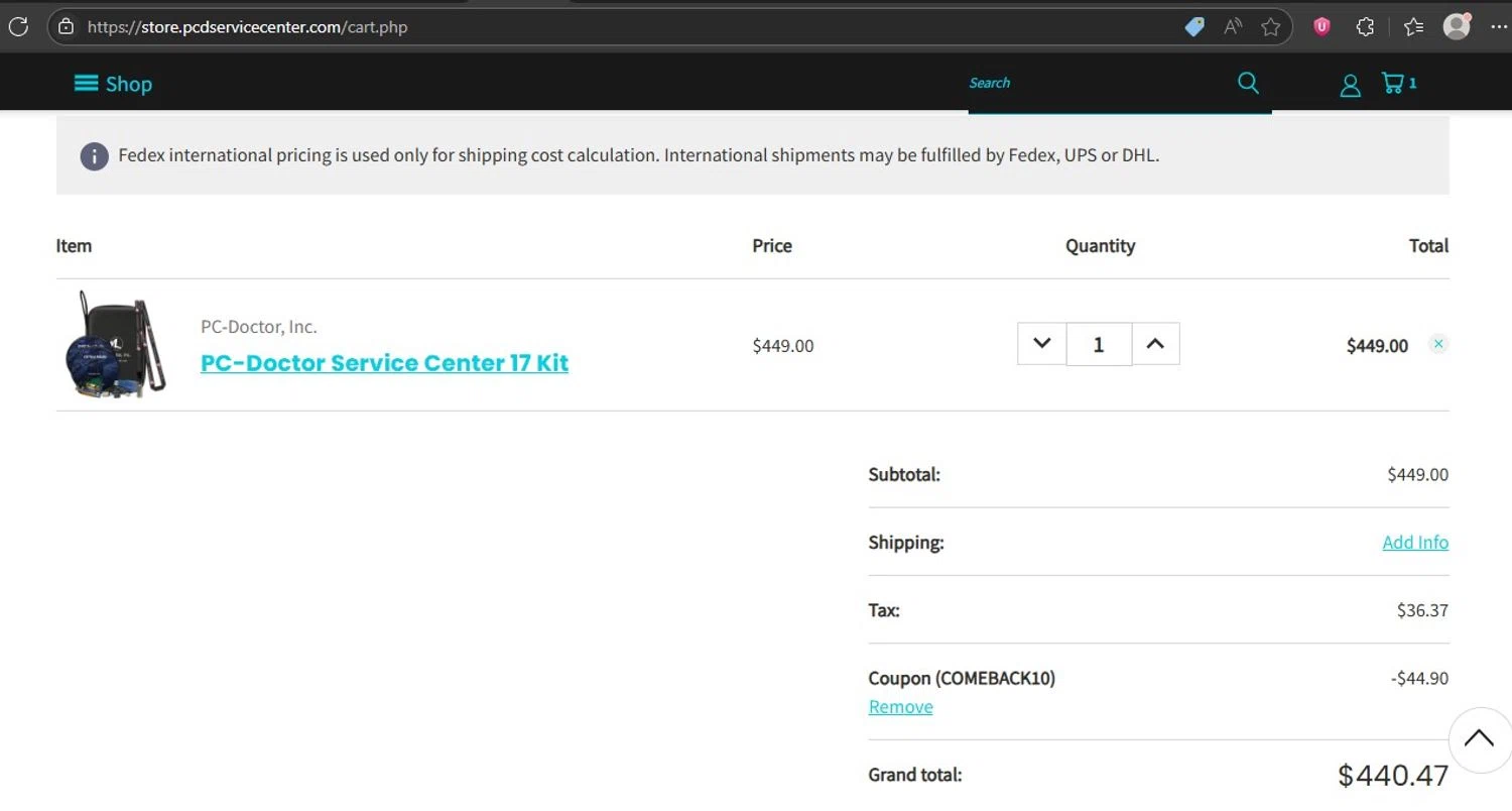 PC-Doctor Service Center Store promo code screenshot showing code COMEBACK10 applied at PC-Doctor Service Center Store checkout page. Uploaded by SimplyCodes community member HonestVzla on Jun 11, 2025