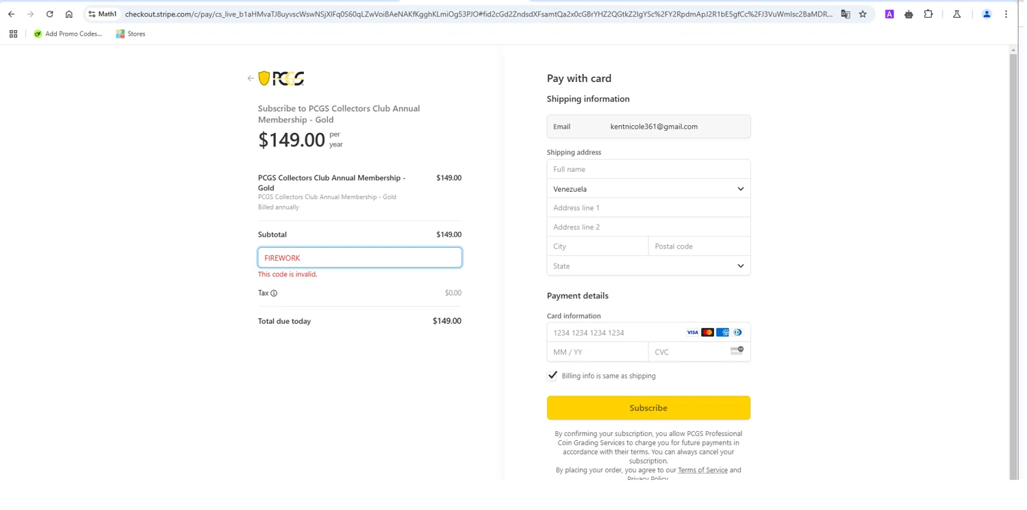 PCGS discount code screenshot showing code FIREWORK applied at PCGS checkout page. Uploaded by SimplyCodes community member 179736390Mathias on Feb 26, 2025