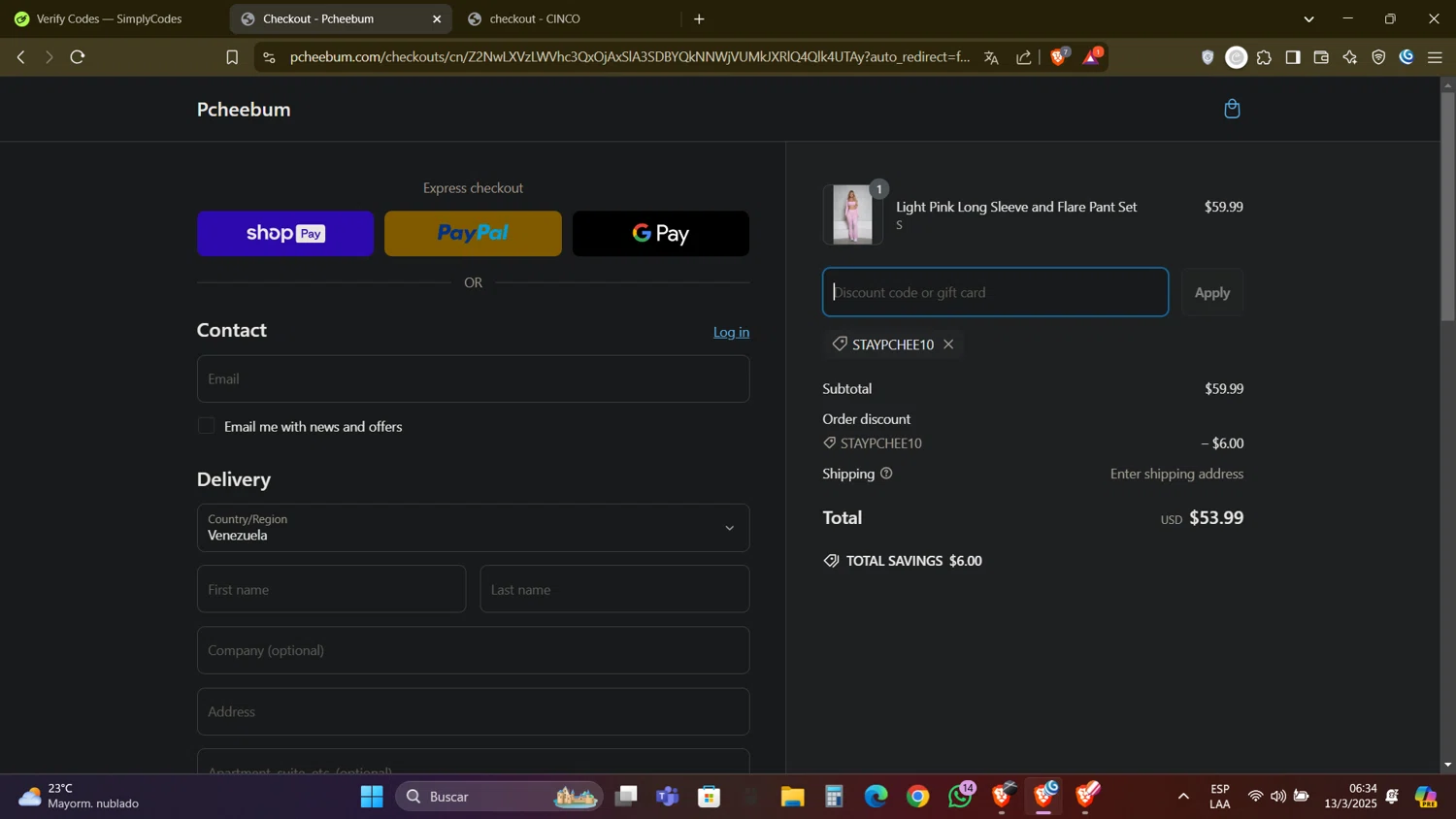 Pcheebum discount code screenshot showing code STAYPCHEE10 applied at Pcheebum checkout page. Uploaded by SimplyCodes community member DealAdmiral5466 on Mar 13, 2025