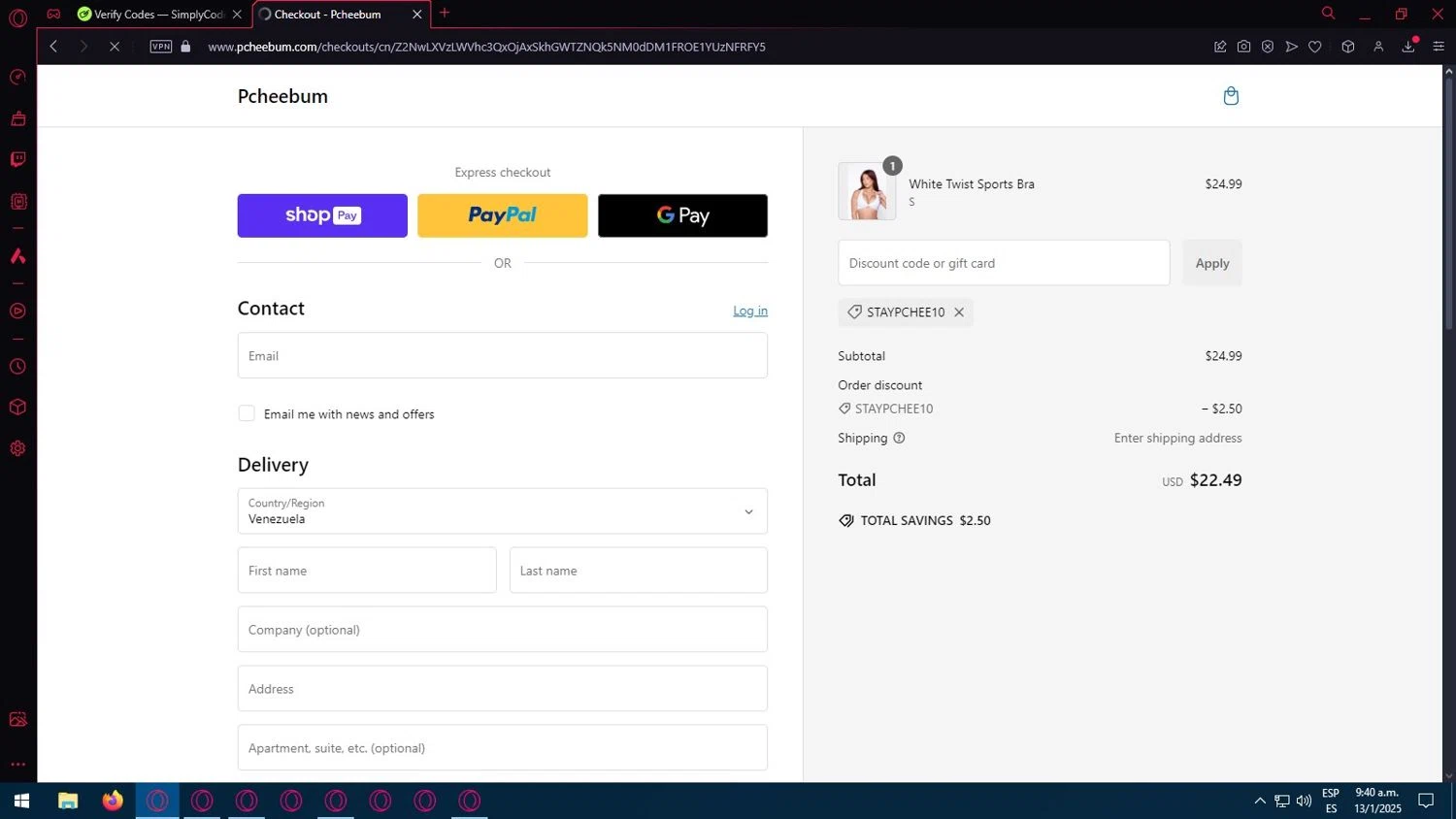 Pcheebum discount code screenshot showing code STAYPCHEE10 applied at Pcheebum checkout page. Uploaded by SimplyCodes community member jorgeperez on Jan 13, 2025