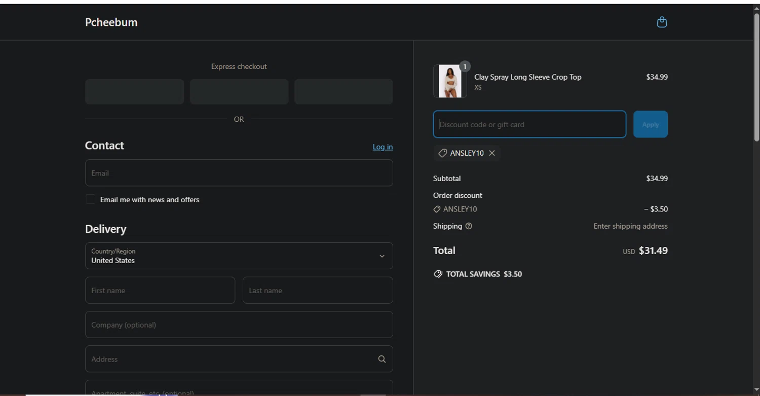 Pcheebum discount code screenshot showing code ANSLEY10 applied at Pcheebum checkout page. Uploaded by SimplyCodes community member Pollofrito on Mar 23, 2025