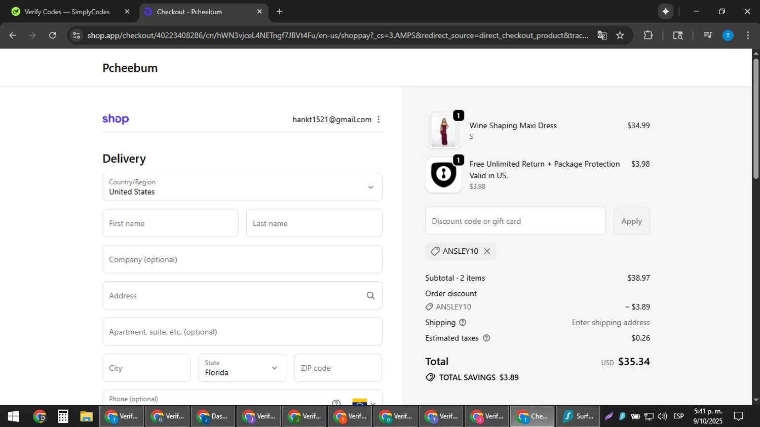 Pcheebum discount code screenshot showing code ANSLEY10 applied at Pcheebum checkout page. Uploaded by SimplyCodes community member hankt1521 on Oct 9, 2025