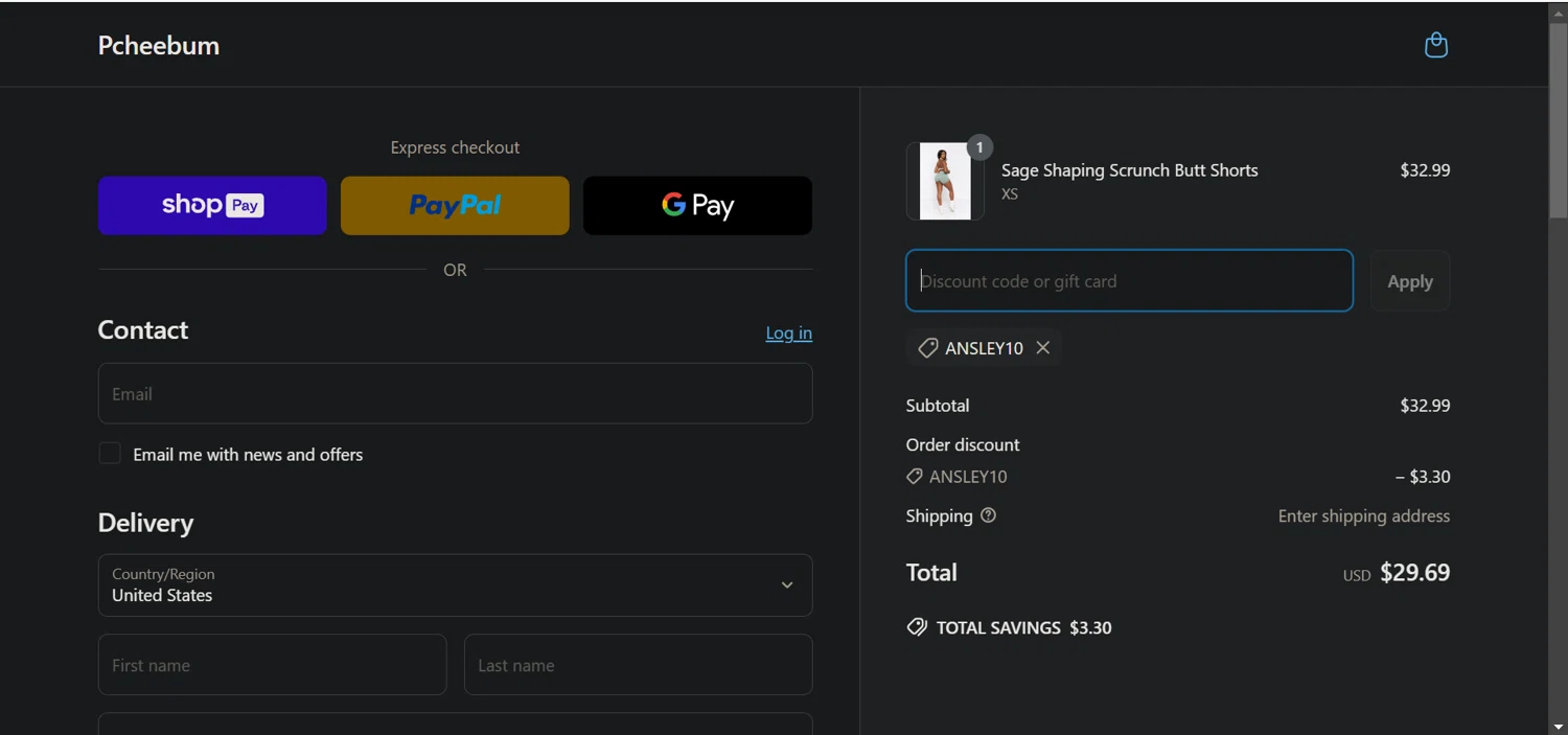 Pcheebum discount code screenshot showing code ANSLEY10 applied at Pcheebum checkout page. Uploaded by SimplyCodes community member hola_bebe on Mar 23, 2025