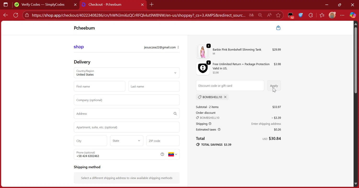 Pcheebum discount code screenshot showing code BOMBSHELL10 applied at Pcheebum checkout page. Uploaded by SimplyCodes community member DiscountScout1417 on Oct 6, 2025