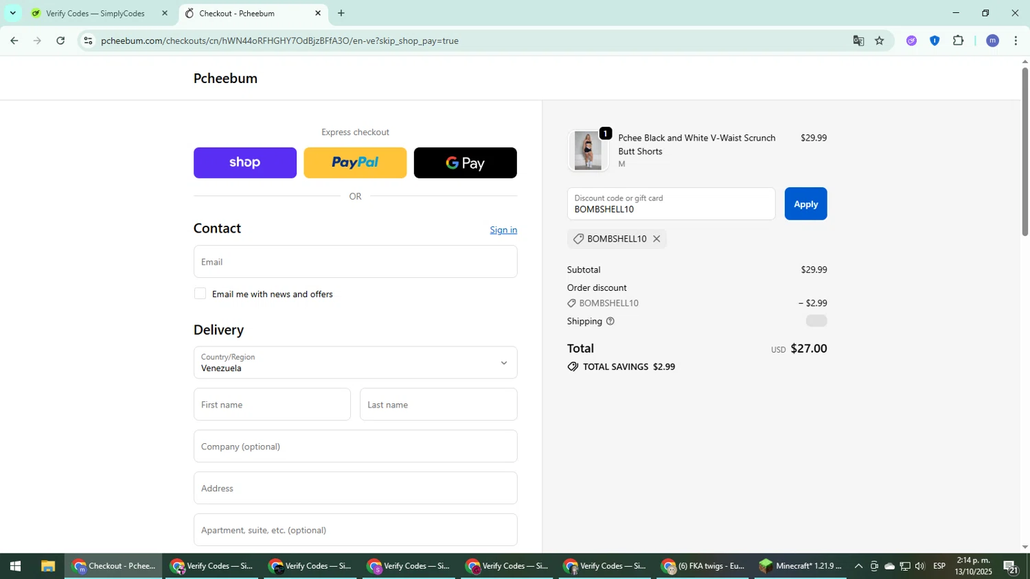 Pcheebum discount code screenshot showing code BOMBSHELL10 applied at Pcheebum checkout page. Uploaded by SimplyCodes community member QuestDefender2661 on Oct 13, 2025