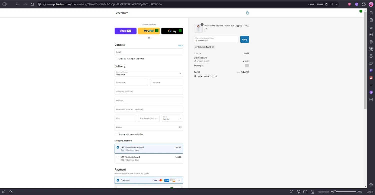 Pcheebum discount code screenshot showing code BOMBSHELL10 applied at Pcheebum checkout page. Uploaded by SimplyCodes community member kaiserser on Jul 9, 2025