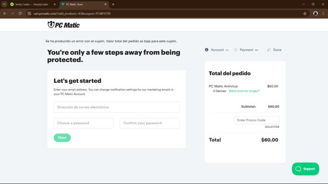 PC Matic checkout page showing PC Matic promo code box | Screenshot taken by SimplyCodes community member on Oct 9, 2024
