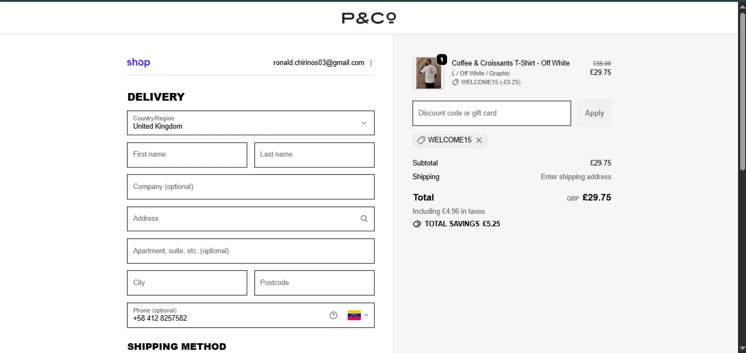 P&Co checkout page showing P&Co promo code box | Screenshot taken by SimplyCodes community member on Jan 27, 2026