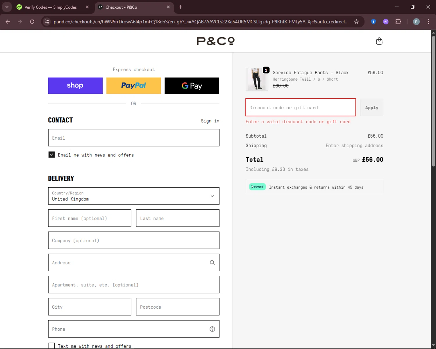 P&Co promo code screenshot showing code Paradise20 applied at P&Co checkout page. Uploaded by SimplyCodes community member DiscountEagle6247 on Nov 29, 2025