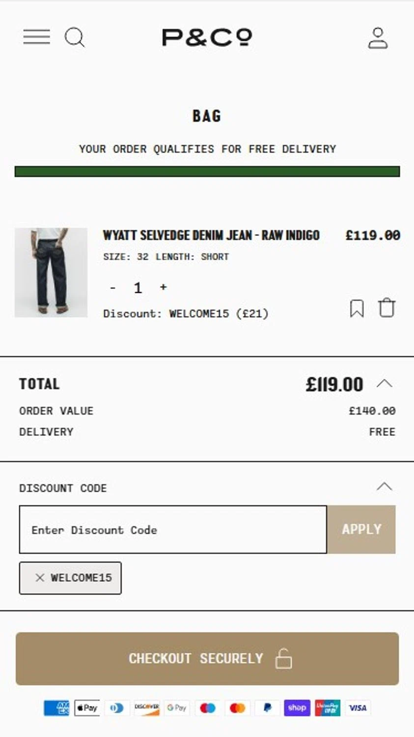 P&Co promo code screenshot showing code WELCOME15 applied at P&Co checkout page. Uploaded by SimplyCodes community member RonaldoM32 on Dec 9, 2025