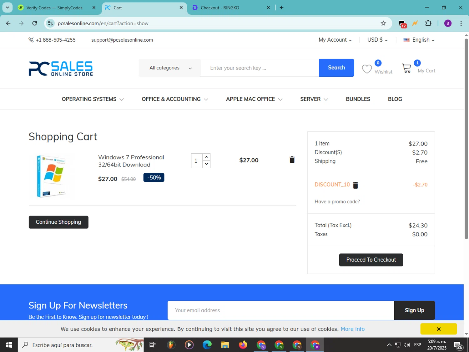 PC Sales Online promo code screenshot showing code PCSALES10 applied at PC Sales Online checkout page. Uploaded by SimplyCodes community member Soyvictor on Jul 20, 2025