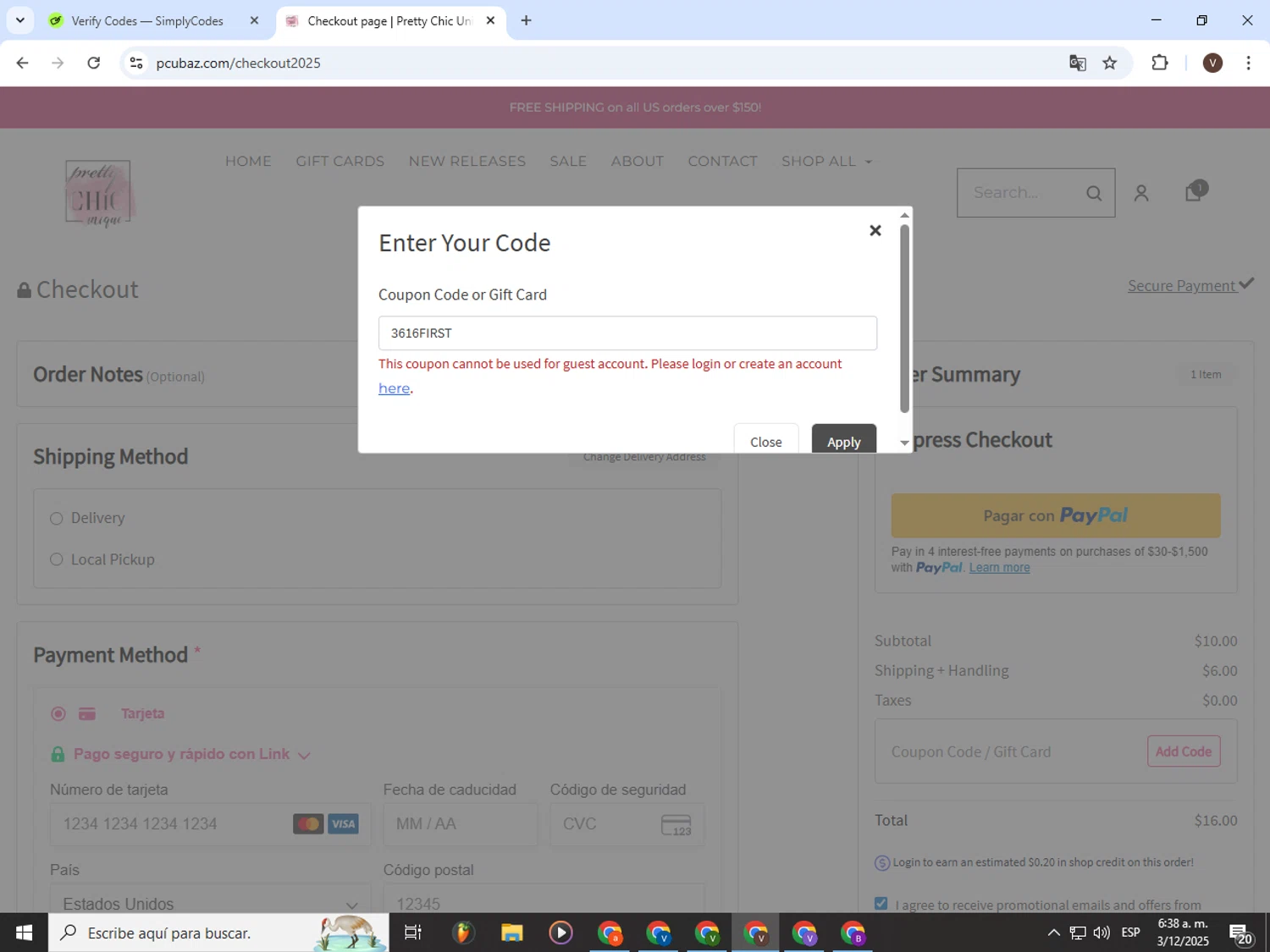 Pretty Chic Unique promo code screenshot showing code 3616FIRST applied at Pretty Chic Unique checkout page. Uploaded by SimplyCodes community member CashLion3448 on Dec 3, 2025