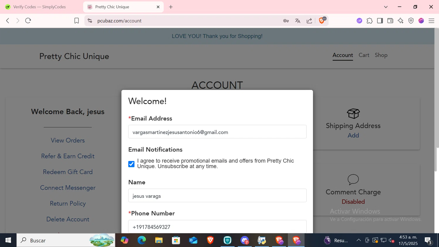 Pretty Chic Unique promo code screenshot showing code 3616FIRST applied at Pretty Chic Unique checkout page. Uploaded by SimplyCodes community member CODMOBILE2 on May 17, 2025