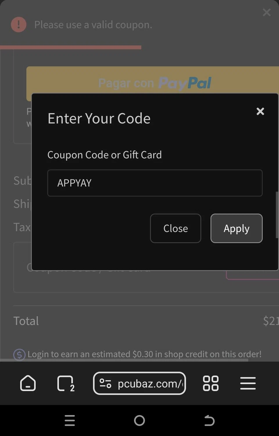 Pretty Chic Unique promo code screenshot showing code APPYAY applied at Pretty Chic Unique checkout page. Uploaded by SimplyCodes community member CouponNavigator9812 on Aug 4, 2025