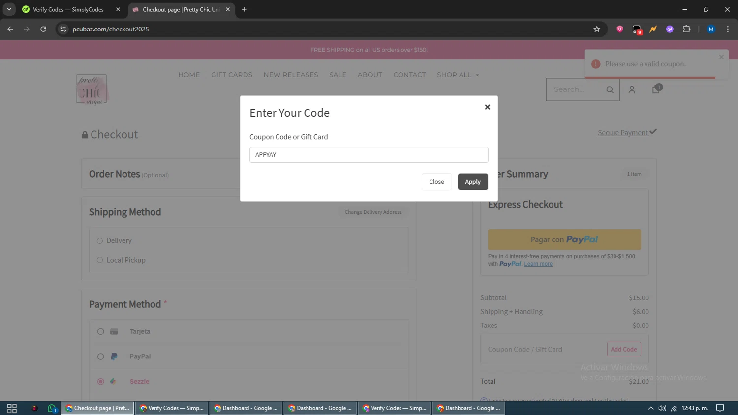 Pretty Chic Unique promo code screenshot showing code APPYAY applied at Pretty Chic Unique checkout page. Uploaded by SimplyCodes community member EpicVoyager2820 on Aug 4, 2025