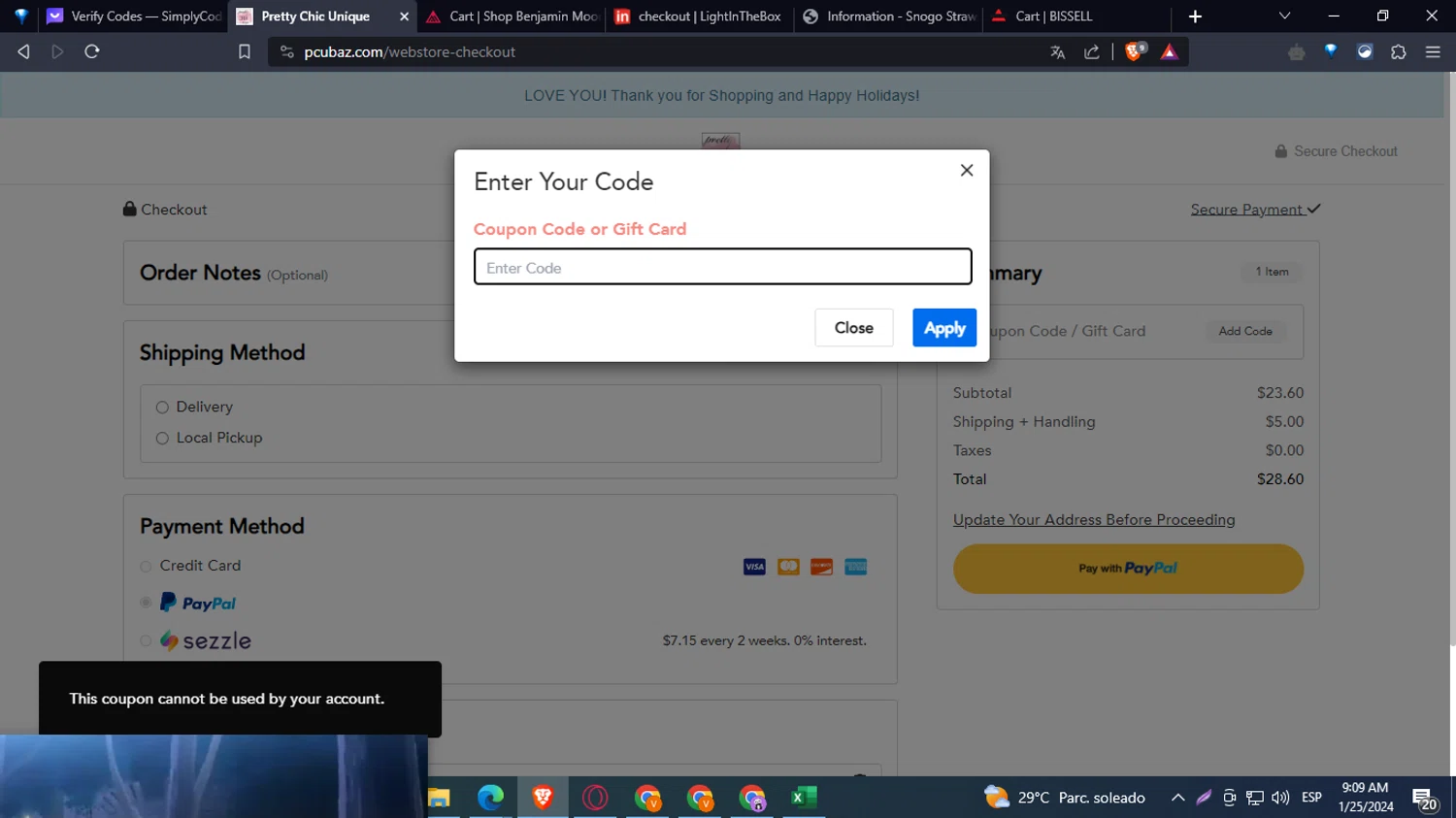 Pretty Chic Unique checkout page showing Pretty Chic Unique promo code box | Screenshot taken by SimplyCodes community member on Jan 25, 2024