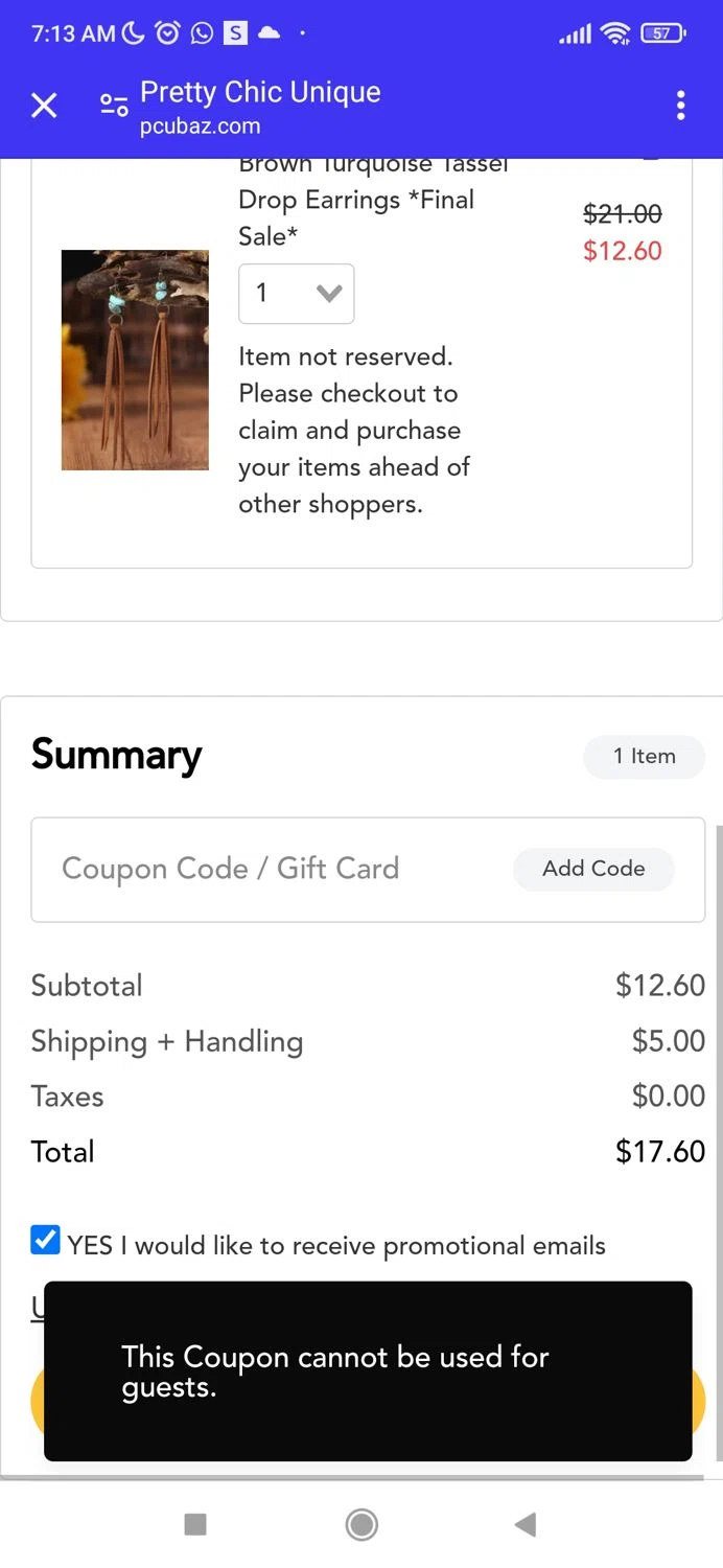 Pretty Chic Unique checkout page showing Pretty Chic Unique promo code box | Screenshot taken by SimplyCodes community member on Jan 25, 2024