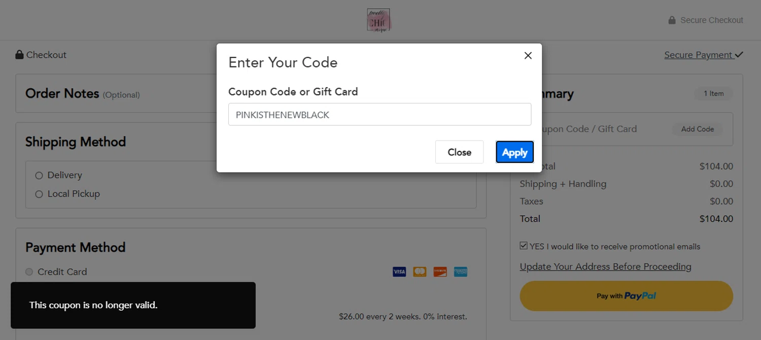Pretty Chic Unique checkout page showing Pretty Chic Unique promo code box | Screenshot taken by SimplyCodes community member on Nov 18, 2023