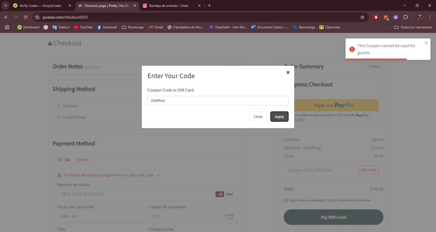 Pretty Chic Unique promo code screenshot showing code 4549first applied at Pretty Chic Unique checkout page. Uploaded by SimplyCodes community member AlexanderRangel on Jun 2, 2025