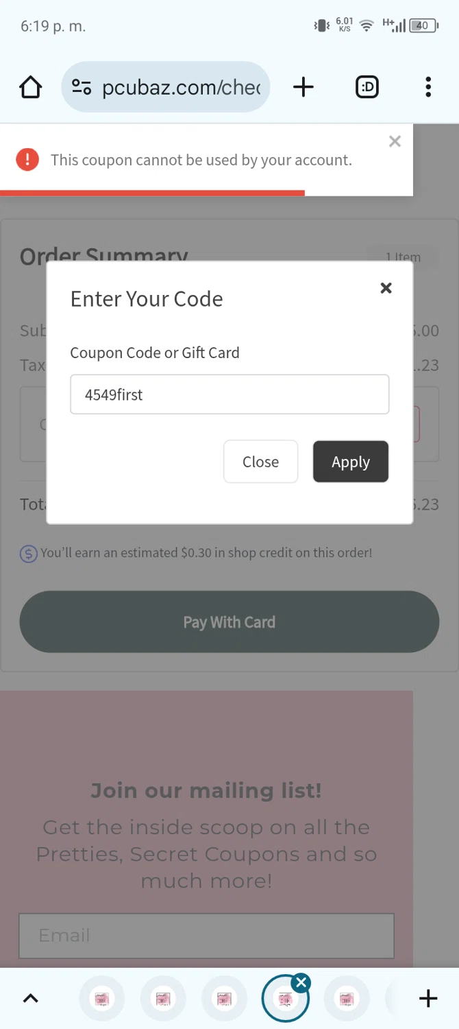 Pretty Chic Unique promo code screenshot showing code 4549first applied at Pretty Chic Unique checkout page. Uploaded by SimplyCodes community member Bernado on Jun 1, 2025